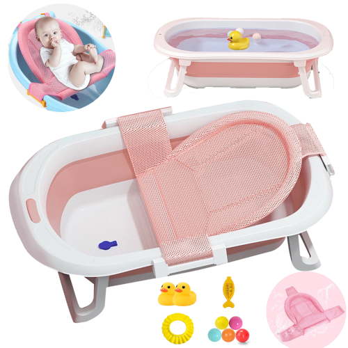 Yabanana 31in Folding Baby Bathtub Travel Bathtub Newborn Tub with Support Baby Bath Seat Shower Mat, Infants and Toddlers(Pink+Net)