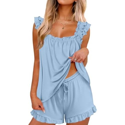Ekouaer Pajama for Women Set 2 Piece Ruffle Pjs Soft Tank Top and Shorts Sleepwear Set Bridal Pajama Set for Women