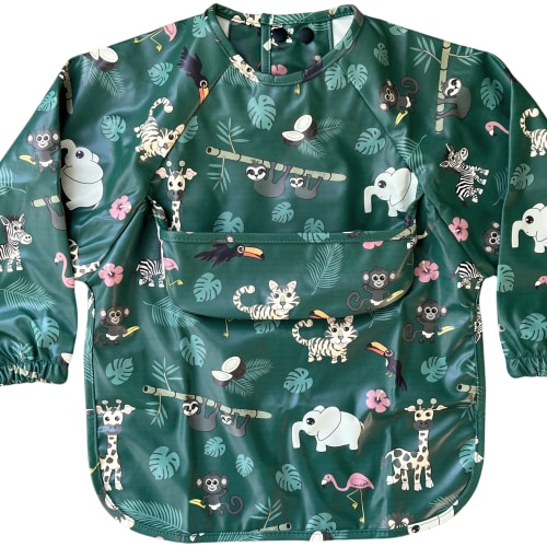 Bavette imperméable à manches longues avec poche : Animaux de la jungl – Tipou bébé