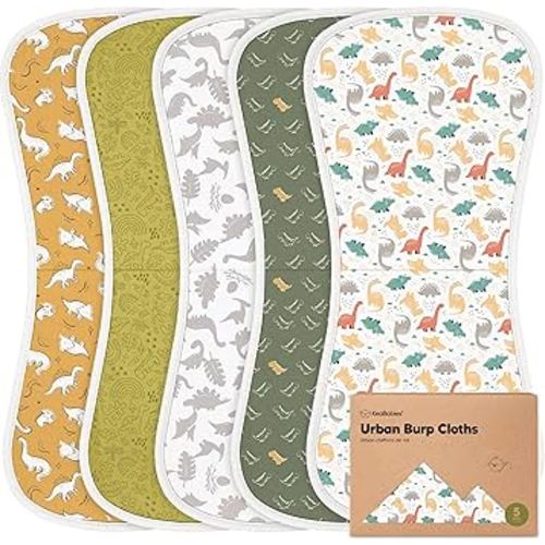 Organic Burp Cloths Baby Boy & Girl - 5-Pack Super Absorbent Cotton Burping Cloths for Babies, Soft & Plush Newborn Spit Up Rags, Infant Towels for Milk Spit Up, Unisex, Large 21" x 10" (Mesozoic)