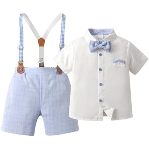 Boarnseorl Baby Boys Shorts Sets, Infant Shirt+Shorts+Bow Tie+Suspenders Outfits Suits