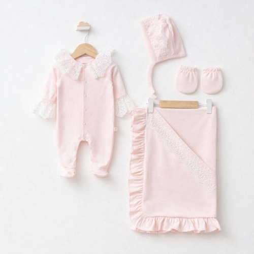 Pink Lace Baby Girl Coming Home Outfit Set, Newborn 4-Piece Romper, Bonnet, Mittens, Blanket
