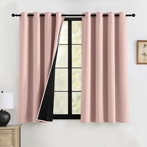 RYB HOME 100% Blackout Curtains 63 inches Length, Thermal Insulated Total Room Darkening Noise Reducing Curtains for Bedroom Bathroom, 52 inches Wide by 63 inches Long, Peach Pink