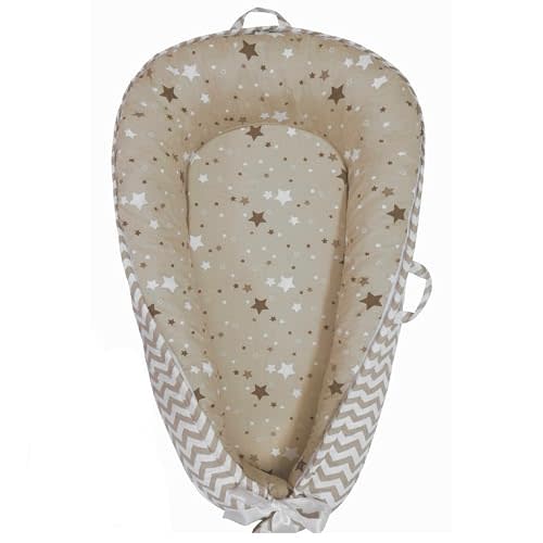 Aila+Aiden Baby Lounger | Organic Cotton Infant Lounger | Reversible, Adjustable & Portable Floor Lounger | Supervised Use | Soft, Breathable, Washable Cover- Star Collection (Tan)