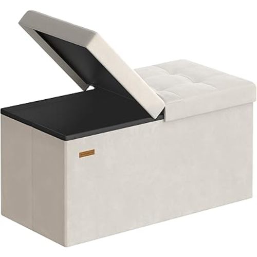 SONGMICS Mazie Collection - 30 Inches Storage Ottoman, Foldable Storage Bench with Flipping Lid, 660 lb Load Capacity, for Entryway, Living Room, Bedroom, Velvet Fabric, Cream White ULSF048LH01