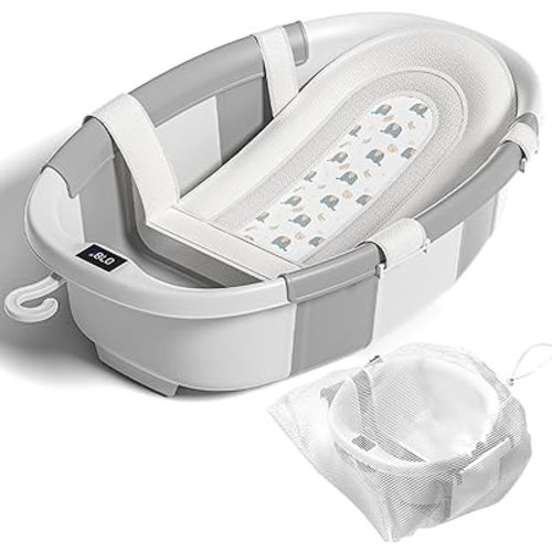 Collapsible Baby Bathtub with Soft Cushion and Thermometer, Newborn to Toddler Tub 0-36 Months with Toy Storage Mesh Bag, Portable Travel Bath for Infants (Grey)