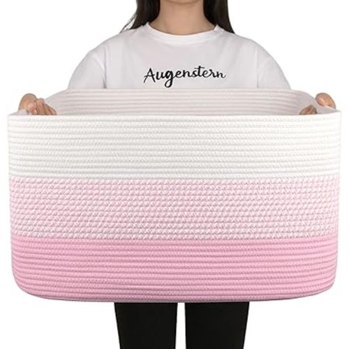 OIAHOMY Large Blanket Basket, 22”x17”x12” Rectangle Woven Baskets, Nursery Blanket Storage Living Room, Toy Storage With Handle, Large Baskets for Organizing - Pink/White