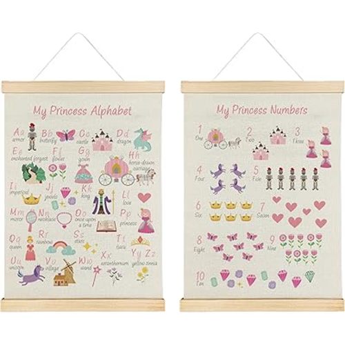 Nrleey My Princess Alphabet Numbers Wall Decor with Wooden Poster Hanger - Princess Room Decor, ABC Alphabet Numbers Learning Wall Art Posters for Girls Bedroom Playroom, 12x16 Inch Set of 2