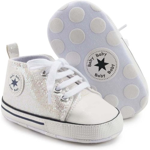 KKIIDDSS Unisex Baby Girls Boys Canvas High-top Shoes, Newborn Infant Anti-Slip Soft Sole Frist Walking Sneakers (B02/Sequin Beige,6-12 Months)