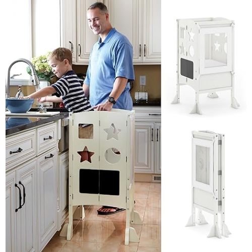 Guidecraft Classic Kitchen Helper® Stool - Ivory: Foldable Toddler Tower with Adjustable Height Platform | Premium Learning Montessori Collapsible Step Stool for Kids