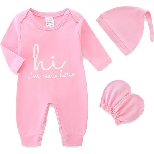 Newborn Baby Romper Cotton Coming Home Outfits Hi Im New Here with Hat Gloves Long Sleeve Solid Onesie