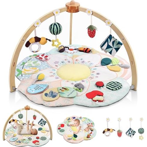 Baby Play Gym & Activity Mat, 5 Developmental Zones Tummy Time Mat with 4 Detachable Sensory Toys, Early Skills & Sensory Development Mat, Newborn Essentials Baby Shower Gift