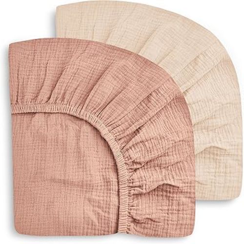 SWEET DOLPHIN 2-Pack Muslin Crib Sheets for Boys & Girls, Ultra Soft Breathable 40S Long-Staple Cotton Fitted Baby Sheets for Standard Crib Mattress 52"x28", Light Bean Paste- Nursery Essentials