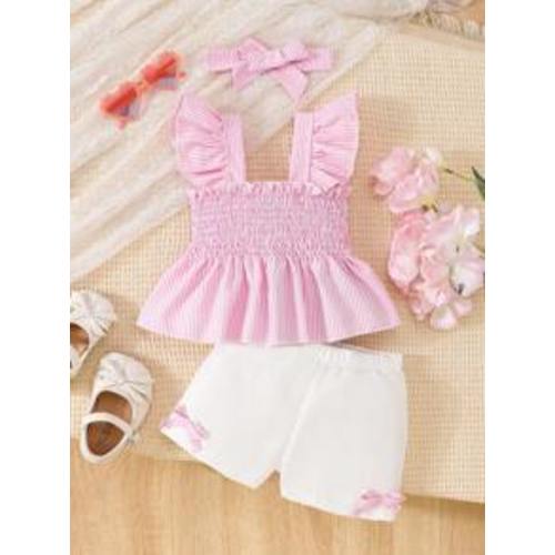 2pcs Baby Girls Set: Cute Cap Sleeve Striped Blouse And Bow Shorts, Spring/Summer | SHEIN USA