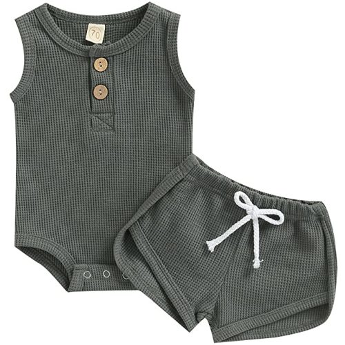 Ledy Champswiin Summer Newborn Baby Boy Girl Clothes Set Ribbed Outfits Unisex Infant Solid Short Sleeve Tops Shorts 2PCS - Sleeveless Waffle Grey - 0-3 Months