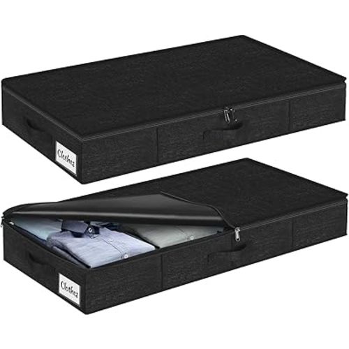 Under Bed Storage Container Bins 2 Pack, 4.5 Inch Slim Low Profile Underbed Clothes Storage Organizer for Dorm & Home, Use for Blanket and Toy Storage Box W/ Sturdy Bottom/Sides, Foldable Thick Fabric