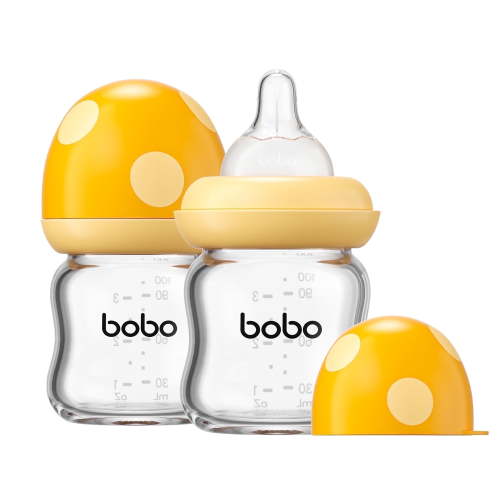 YOHKOH Natural Flow Anti-Colic Baby Bottles, Wide-Neck, Glass, 3.4 oz, Yellow, 2 Pack