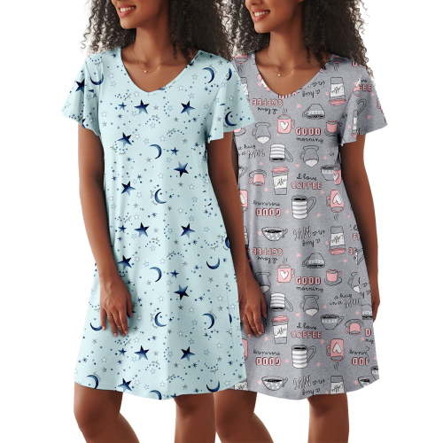 Avidlove 2 Pack Women Nightgown Sleepwear Flare Short Sleeve Sleepshirts Veck Sleepdress Causal Pajama Dress S-XXL