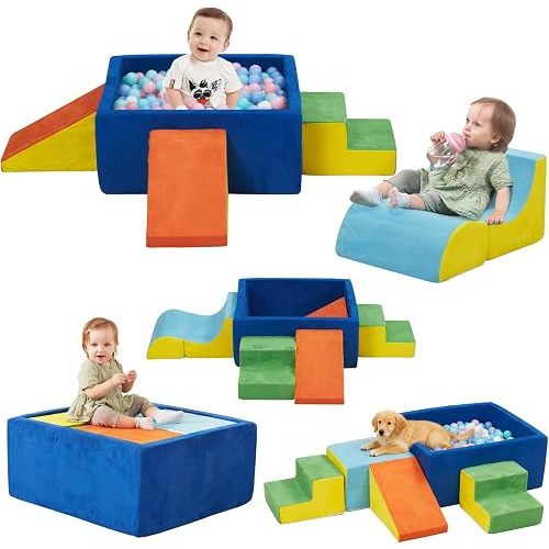 6-Piece Foam Climbing Blocks with Ball Pit for Toddlers,Soft Play Set for Indoor Climbing & Sliding,Modular Gym for Gross Motor Skills,Machine Washable,Colorful(Balls Not Included)