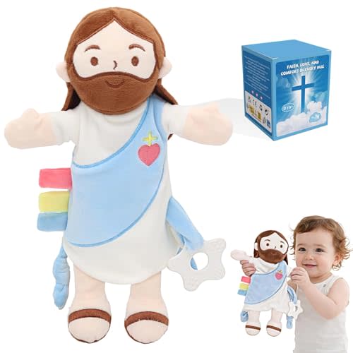 Yelakey Baby Lovey with Teether, Jesus Security Blanket with Crinkle Tags, Soft Minky Velour Newborn Girl Boy Gift with Bell for Baby Shower, Baptism or Birthday Essentials