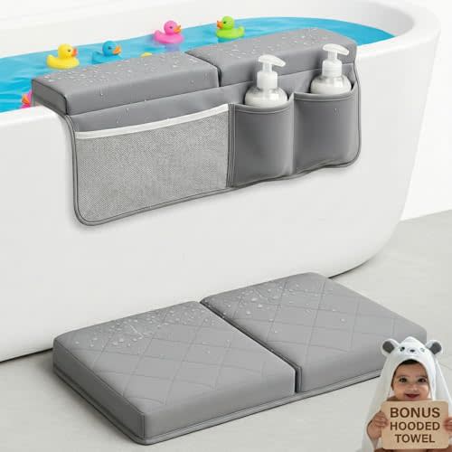 2inch XL Baby Bath Kneeler and Elbow Rest Pad Set + Hooded Towel - Embroidered Kneeling Pad for Bathing Baby - Dual-Layer Memory Foam Bathtub Kneeler and Elbow Rest Set