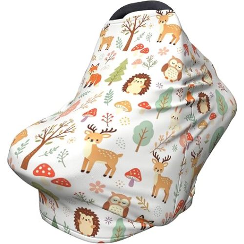 Cute Deer Animals Baby Car Seat Covers for Boys and Girls, Woodland Theme Baby Stuff Shower Gifts Stretchy Infant Carseat Canopy