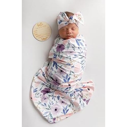 Newborn Baby Girl Receiving Blanket Swaddle Blanket Stretchy Knit Swaddle Set with Matching Headband Beanie with a Name Card (Pink and Purple Floral)