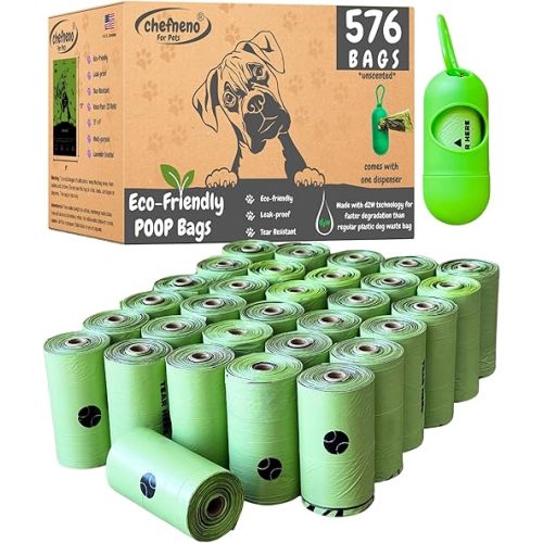 Biodegradable Dog Poop Bags with Dispenser (576 Bags) Eco-friendly doggy poop Pickup Bags 32 Refill Rolls Eco Dog Waste Bags Cat Litter Clamps & Poop Bags (32 Rolls, Uscented)