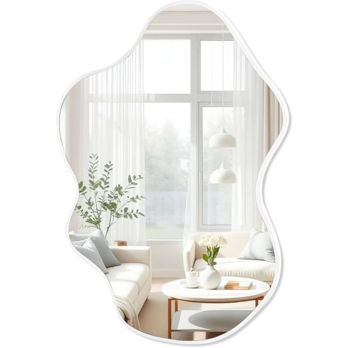 Tanmicoshomy White Irregular Wall Mirror 24x36 Inch, Cloud Shaped Frame Asymmetrical Wavy Mirror with Tempered Glass for Bathroom Bedroom Living Room or Entryway