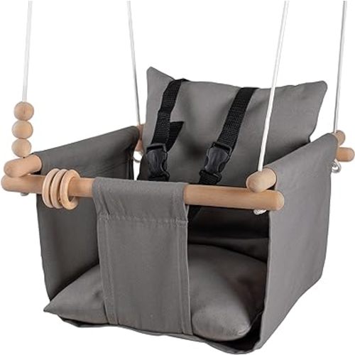 Indoor Outdoor Baby Swing with 3-Point Harness and Hardware for Ceiling, Porch, Doorway, Canvas Baby Swing Outdoor Toddler Swing Seat Dark Gray