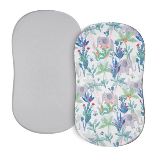 TILLYOU Baby Bassinet Sheets for Girls Boys, Fit for Hourglass Oval Rectangle Bassinet Mattress Sheets, 33”X16”, 2 Pack Rainforest Elephant & Grey