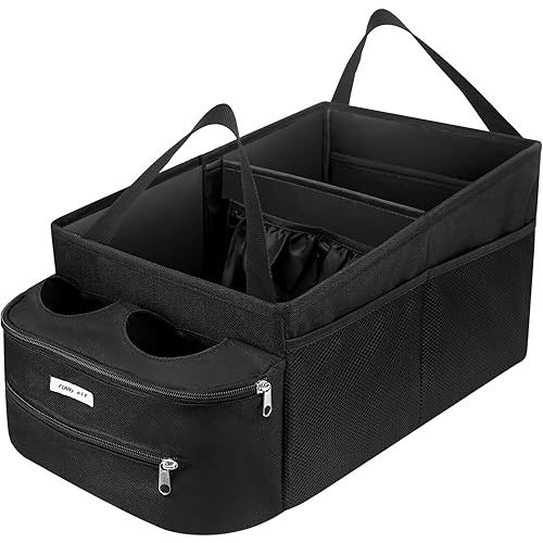 FUNNy elf Passenger Seat Organizer, Collapsible Car Storage with Partitions & 4 Cup Holders for Front or Back Seat
