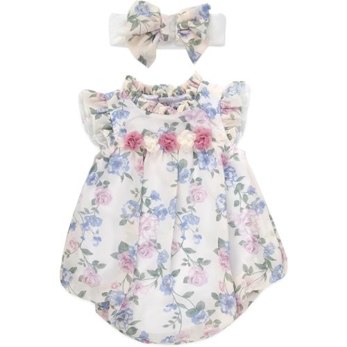 Baby Essentials Baby Girl Romper with Headband, 100% Polyester Infant Outfit for 3 to 9 Months, Spring Summer Baby Clothes