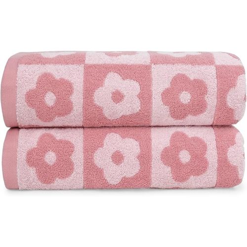 2-Pieces Luxury Bath Towels Checkered Floral, Pink Towels for Women Girls | Shower Body Towel 27.5x55 Inches, Bathroom Decor & Pool Days, Cotton