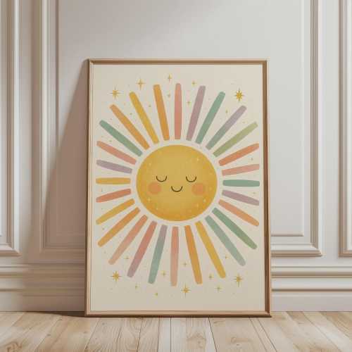 Nursery Wall Art - Cute Smiling Sun Print, Boho Celestial Art, Gender Neutral Artwork, Minimalist Pastel Poster, Kids Room Decor