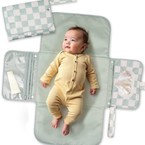 Tiny Twinkle Portable Diaper Changing Pad-Foldable Waterproof Changing Mat&Portable Changing Pad for Travel,Baby Changing Station with Smart Wipes Pocket&Storage (Sage Checkers)