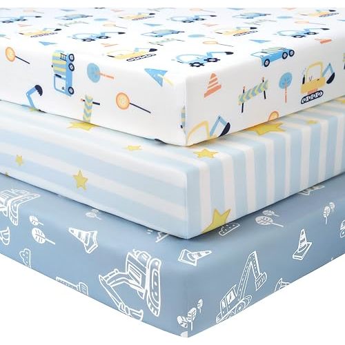 Baby Crib Sheets for Boys and Girls, 3 Pack Toddler Bed Sheets for 52”x28” Standard Toddler Mattresses, Soft Microfiber Fitted Crib Sheets Neutral Blue Truck