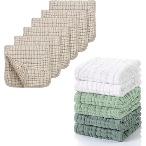 Looxii Muslin Burp Cloths 6 Pack 20x10 in & 6 Pcs Muslin Baby Washcloths 12x12 in