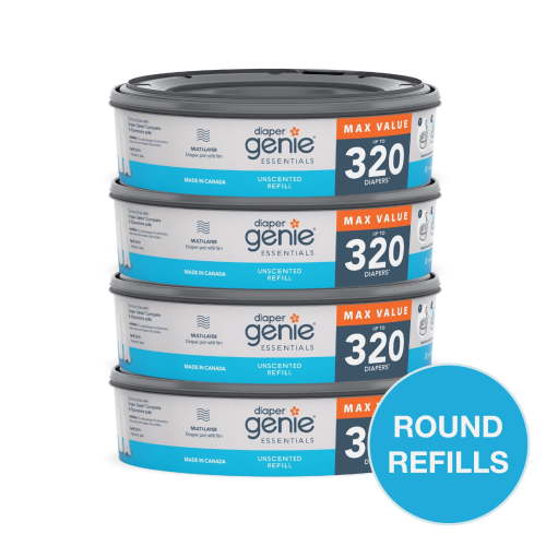 Diaper Genie Essentials Round Refills, Unscented, Holds up to 1280 Newborn Diapers, 4 Pack