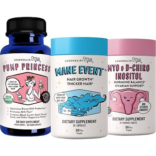 PCOS & Breastfeeding Support Bundle – Hormone Balance, Healthy Milk Supply & Postpartum Hair + Skin Nutrition with Pump Princess, Mane Event & Pure Inositol