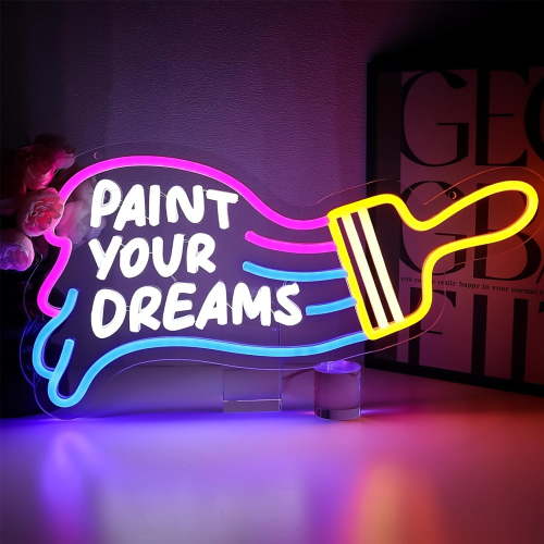Paint Your Dreams Neon Sign for Wall Decor, Drawing LED Sign for Art Studio, USB Dimmable Paint Brush Neon Light for Art Classroom Paint Party Decoration Home Shop Kid Room