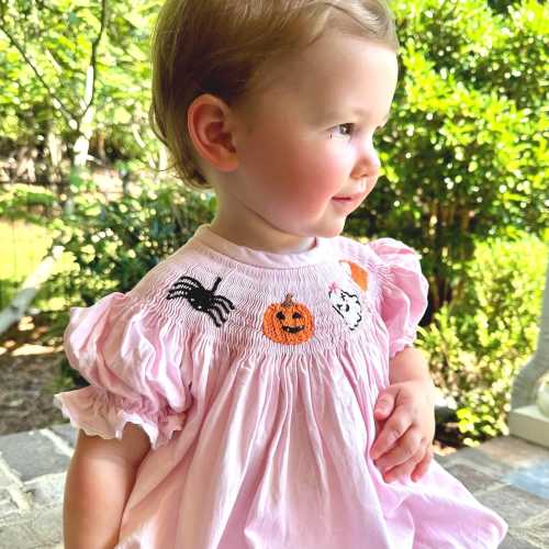 Smocked Halloween Bubble in Pink with Spider, Candy Corn, Ghost, and Pumpkin- Romper style, trick or treat, Fall, Sibling Matching 651 *B