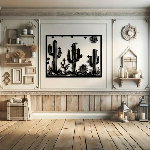Art Deco Metal Cactus Wall Sculpture - 15.7"x12" Iron Desert Cactus Mural for Indoor & Outdoor Home, Patio, Balcony Decor - Elegant Hanging Ornament, Housewarming & Cactus Lover Gift