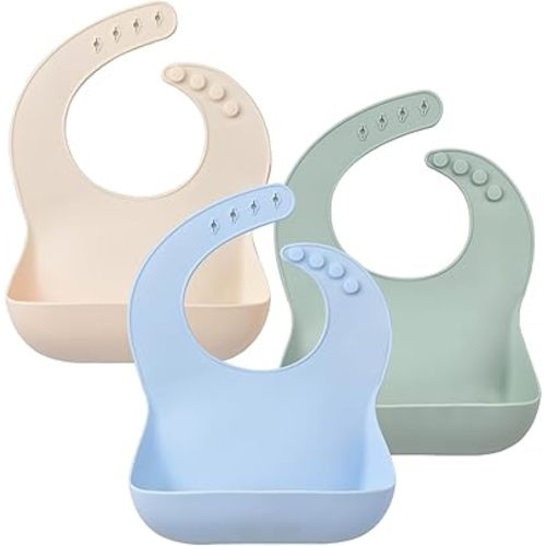 Ginbear Waterproof Silicone Bibs for Baby Boys, Toddler Silicon Feeding Bibs 3 Pack (Blue, Green, Beige)
