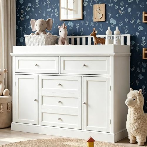 White Baby Changing Table with Removable Top,5 Drawers & 2 Doors | Mid-Century Modern Baby Changing Diaper Station Cabinet for Kids Room,Large Nursery Dresser with 5 Storage Drawers
