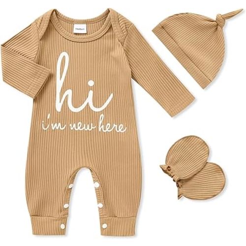 GRNSHTS Newborn Baby Boy Romper Coming Home Outfits Letter Print Bodysuit Jumpsuit+Hat+Gloves 3PCS Clothes Set