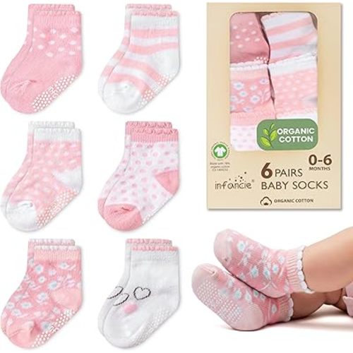Organic Cotton 100% GOTS Certified Baby Socks 6 Pair Socks For Newborns – Adorable Baby Girl Sock 0-6 Months, Comfortable Little Girls Sock, Gift For Baby Girls