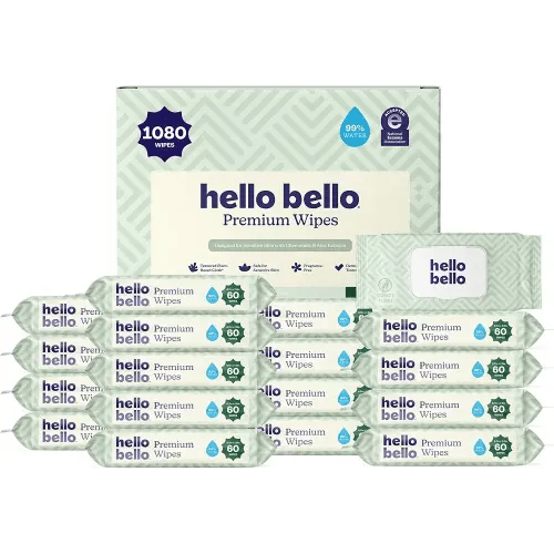 Hello Bello Premium Wipes, Designed for Sensitive Skin with Chamomile & Aloe Extracts, Simply Sage (18 Resealable Packets = 1080 Total Wipes)
