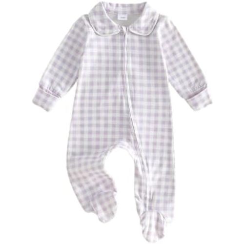 Seyurigaoka Newborn Baby Boy Girl Clothes Gingham Plaid Footed Jumpsuit Lapel Zipper Romper Cute Going Home Outfit