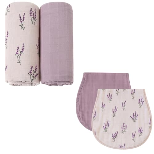 LifeTree Muslin Swaddle Blankets Girls and Baby Burp Cloths for Newborn Girls Boys, Organic Cotton, Lavender & Mauve